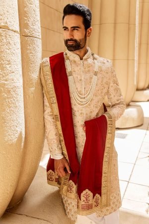 Rose Gold Sherwani with Zari Work in Sequence Pattern