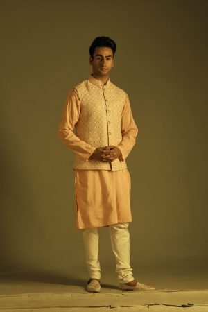 Powder Pink Lucknowi Jacket and Kurta Pyjama