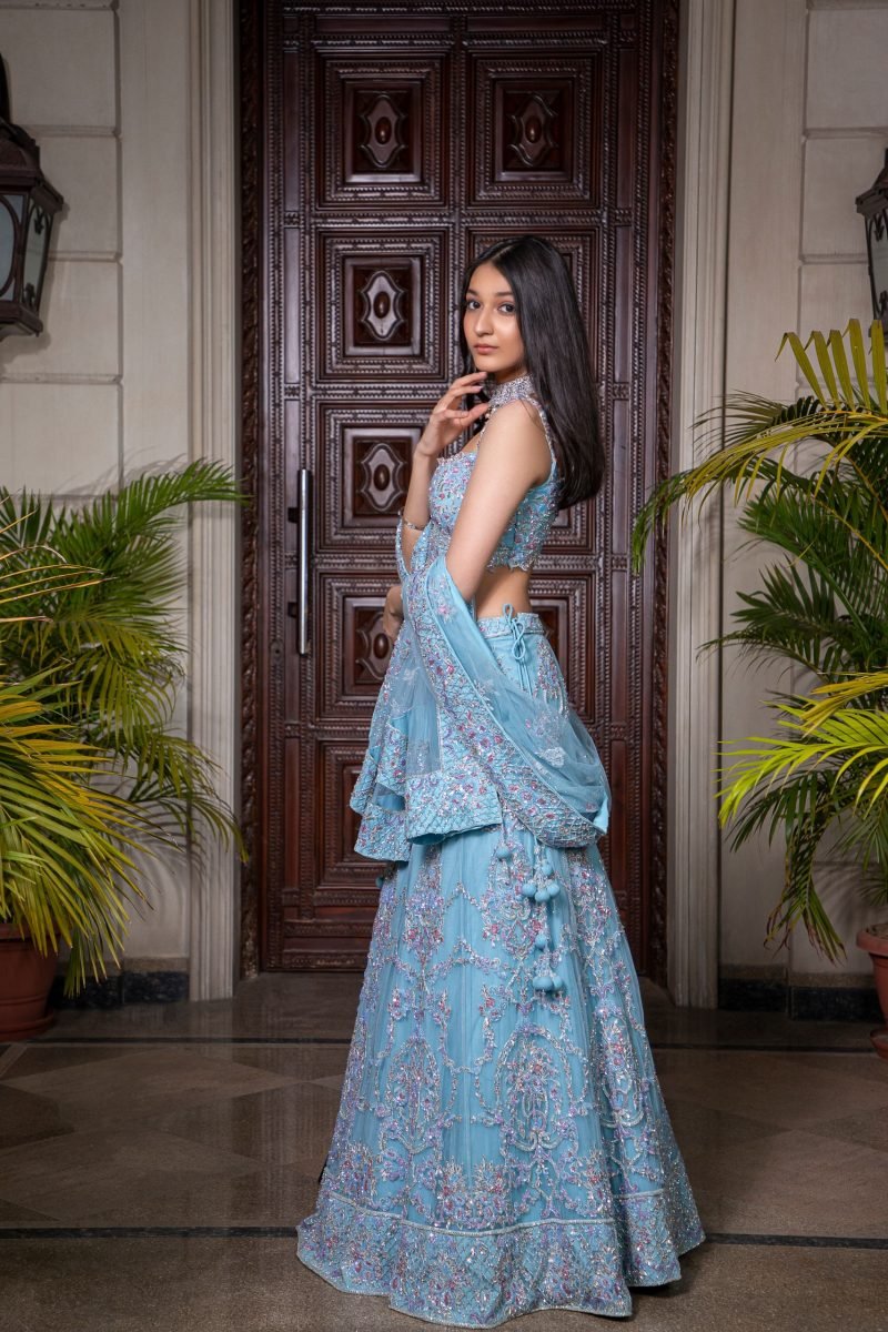 Blue Kalidar Floral Embroidery Work Lehenga - Image 2