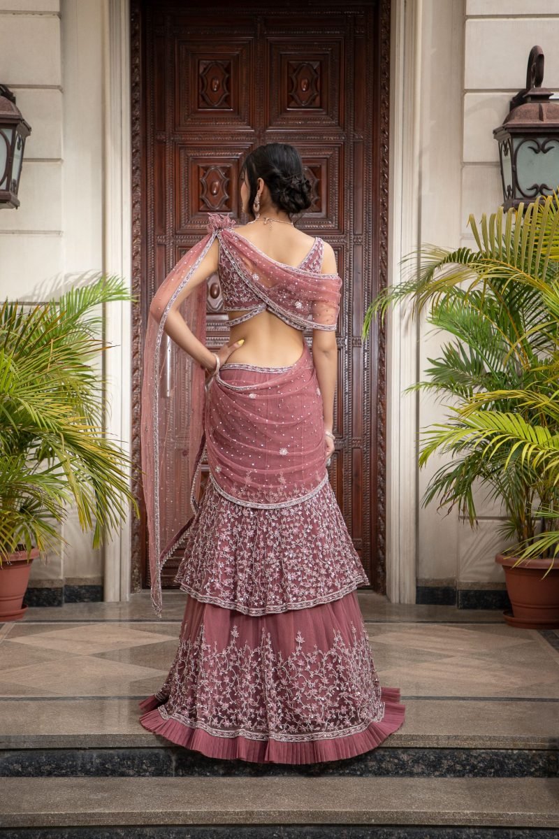 Rosewood Tiered Lehenga with Predraped Dupatta - Image 3