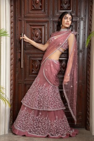 Rosewood Tiered Lehenga with Predraped Dupatta