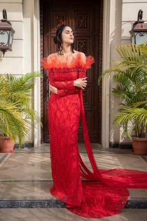 Red Architectural Draped Blouse Sequin Embroidered Lehenga