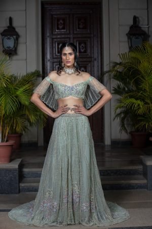 Sea Green Lehenga With Train And Cape Like Blouse