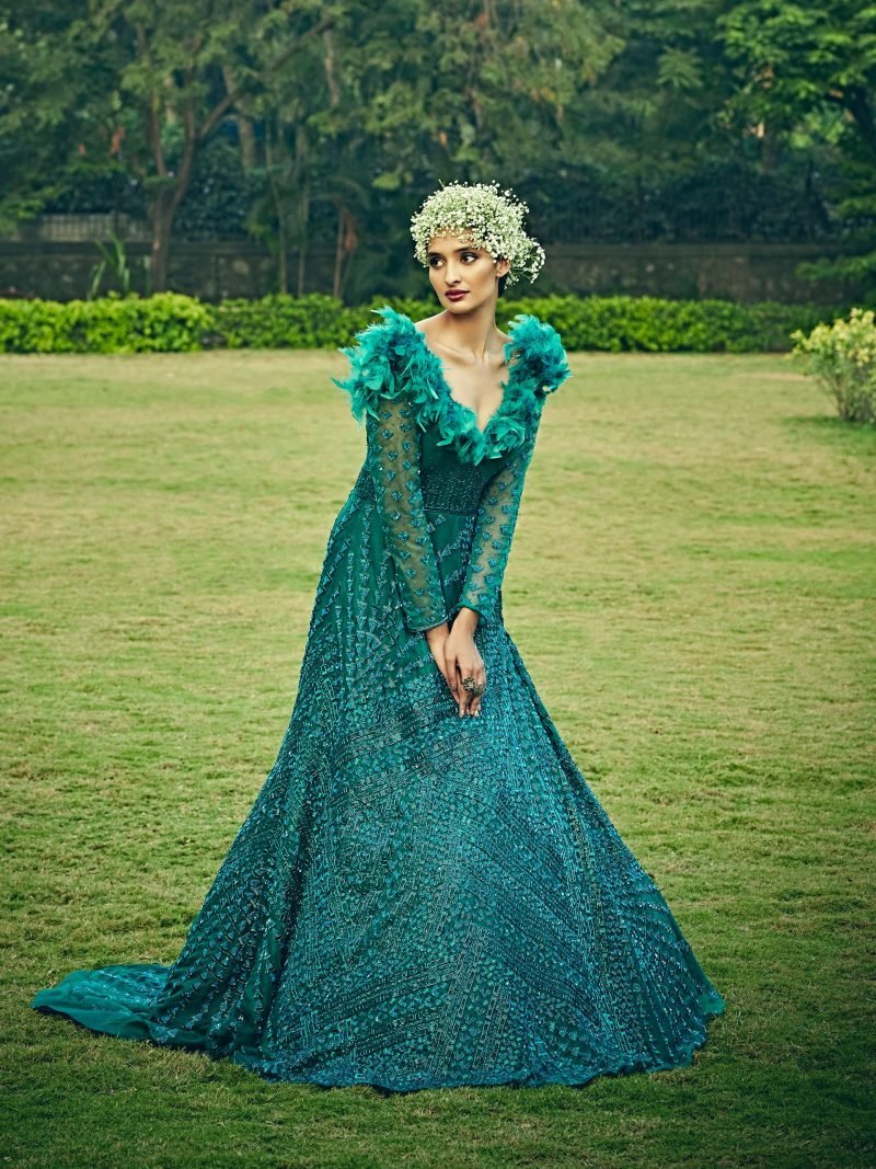 Geometrically Embroidered Ocean Blue Trail Gown