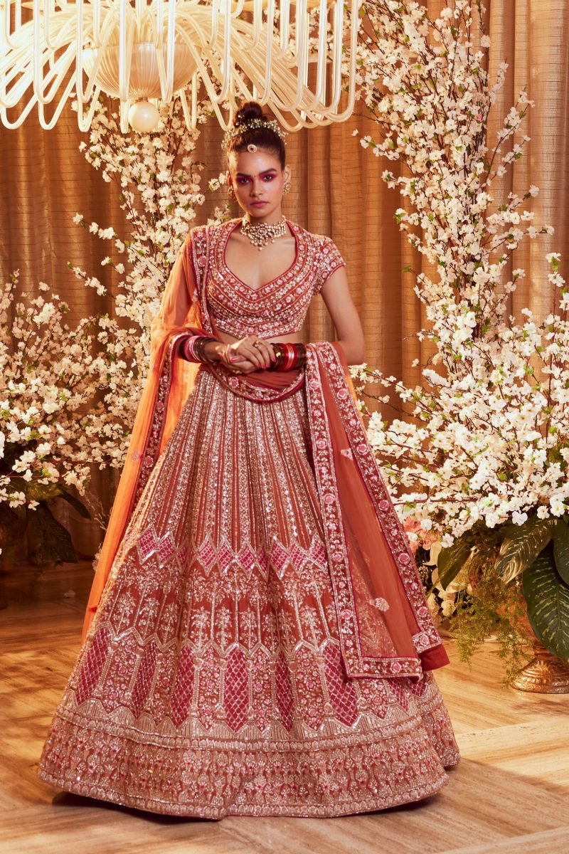 Burnt Orange Embroidered Lehenga Set