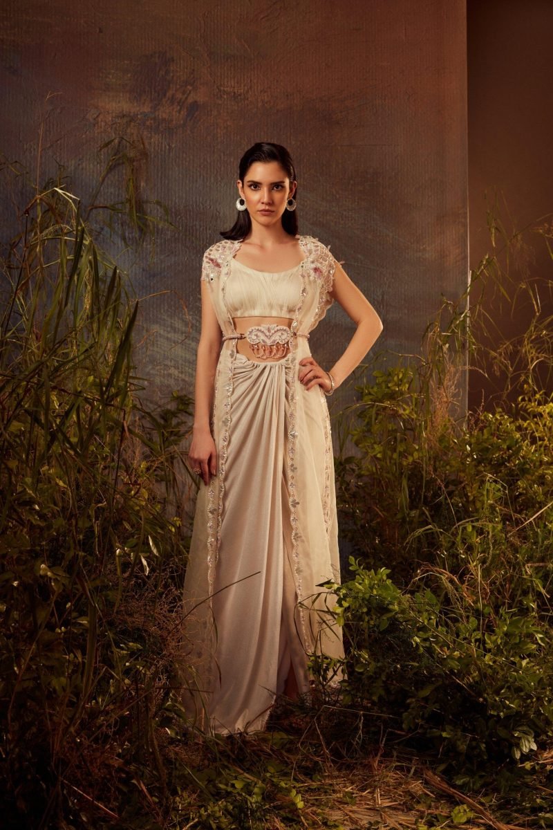 Ivory Cape with Drape Skirt Set