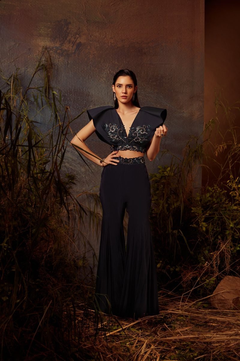 Midnight Blue Embroidered Structured Cape Set