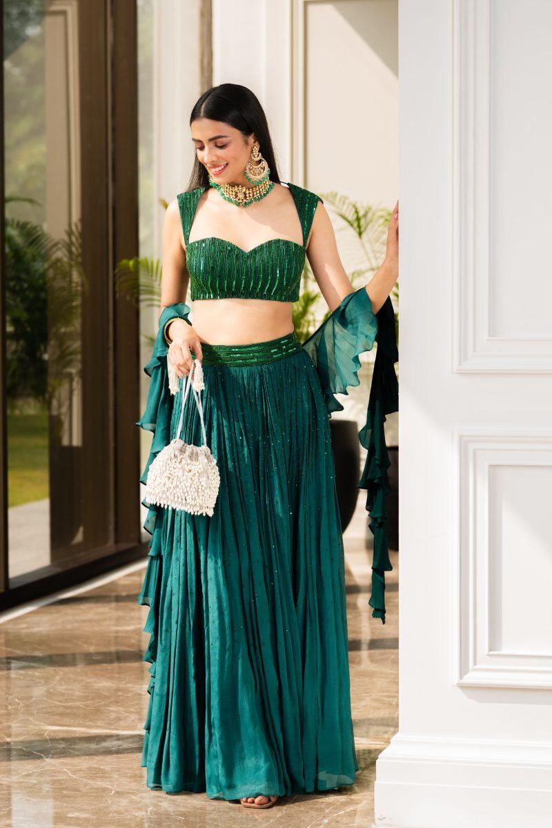 Teal Green Nakshi and Sequins Work Lehenga Set