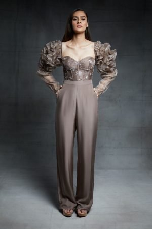 Chikoo Embroidered Corset Jumpsuit With Ruffled Sleeves