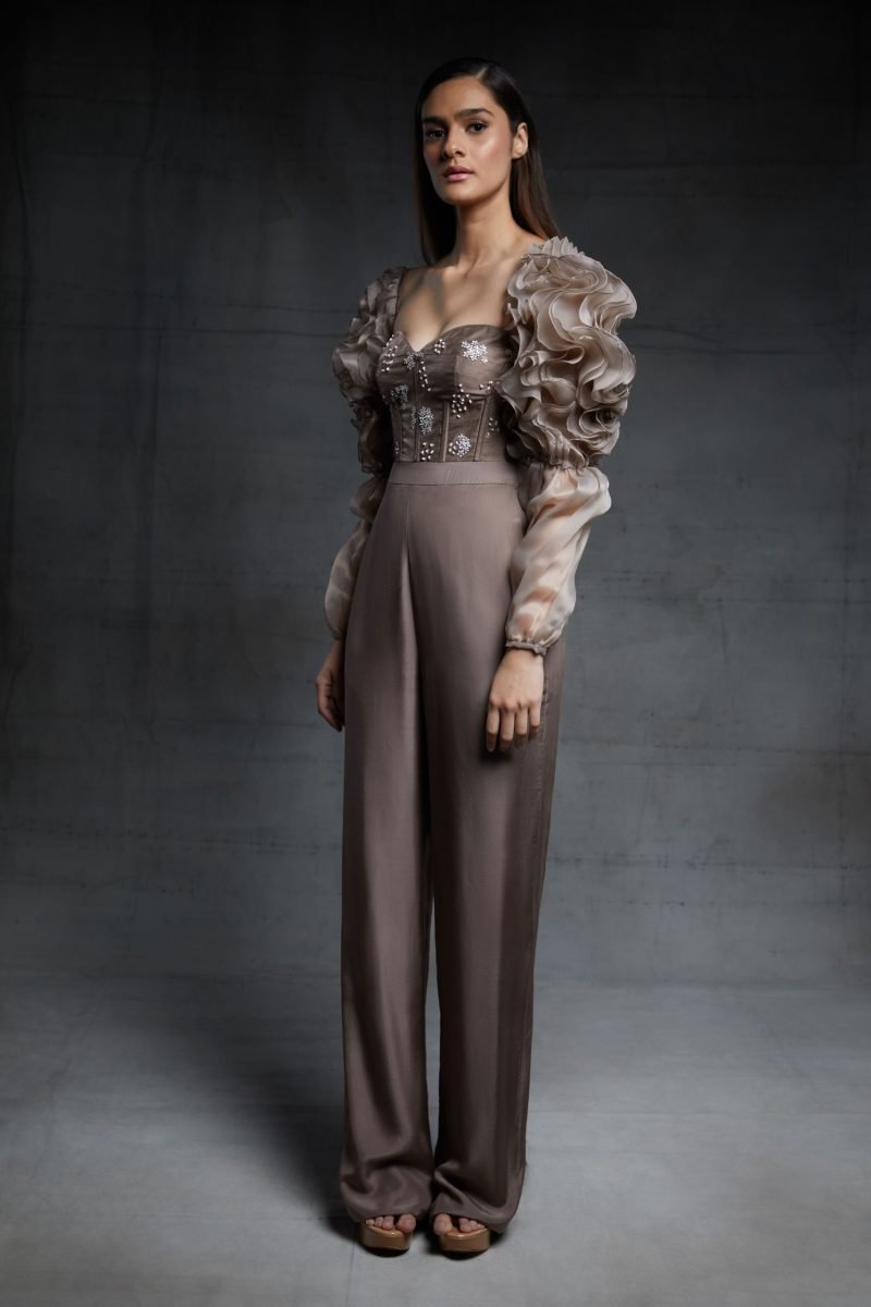 Chikoo Embroidered Corset Jumpsuit With Ruffled Sleeves - Image 2