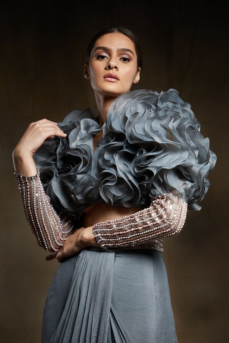 Grey draped dhoti set - Image 2