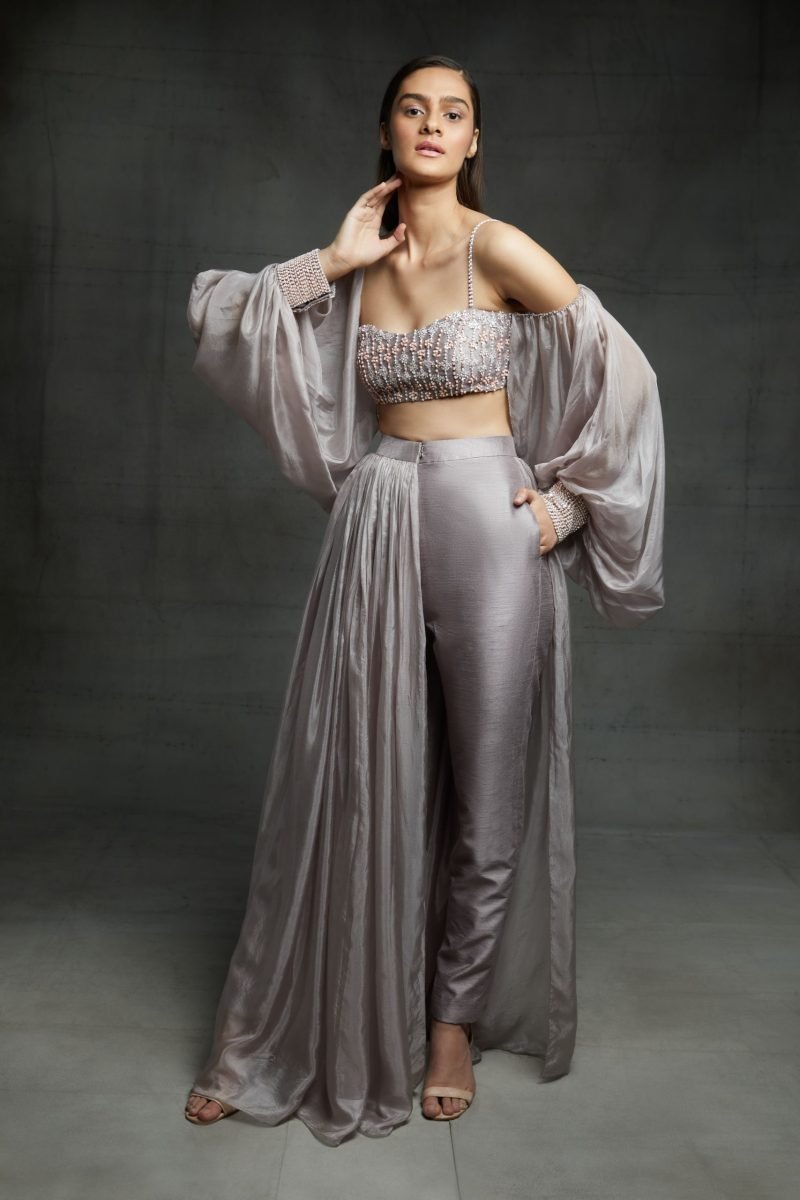 Dusty Lilac Half Pant Half Skirt With Off Shoulder Embroidered Blouse