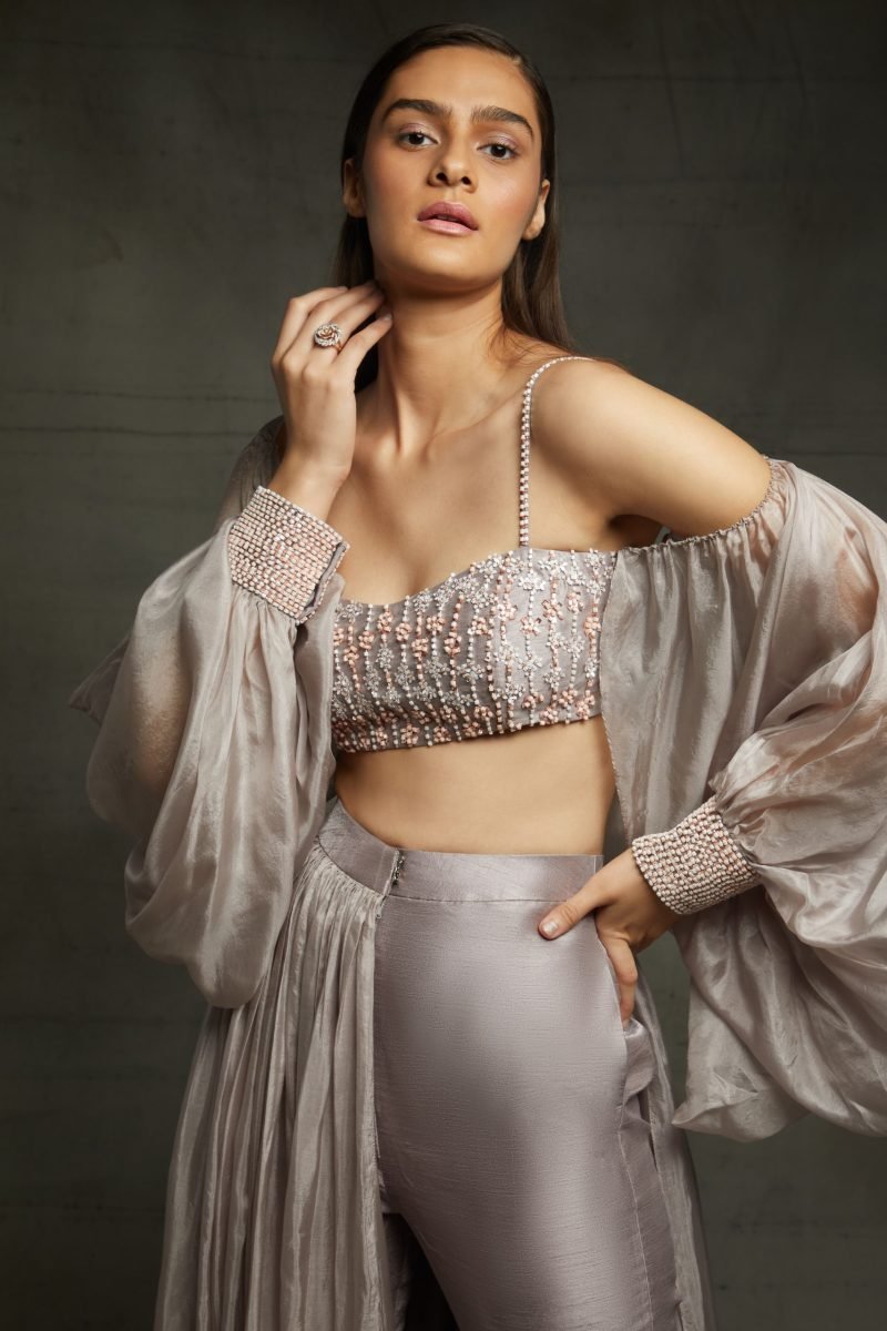 Dusty Lilac Half Pant Half Skirt With Off Shoulder Embroidered Blouse - Image 2