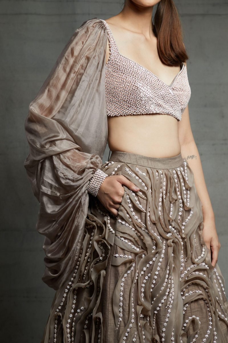 Chikoo Ruffle Embroidered Lehenga With One Side Puff Sleeve - Image 2