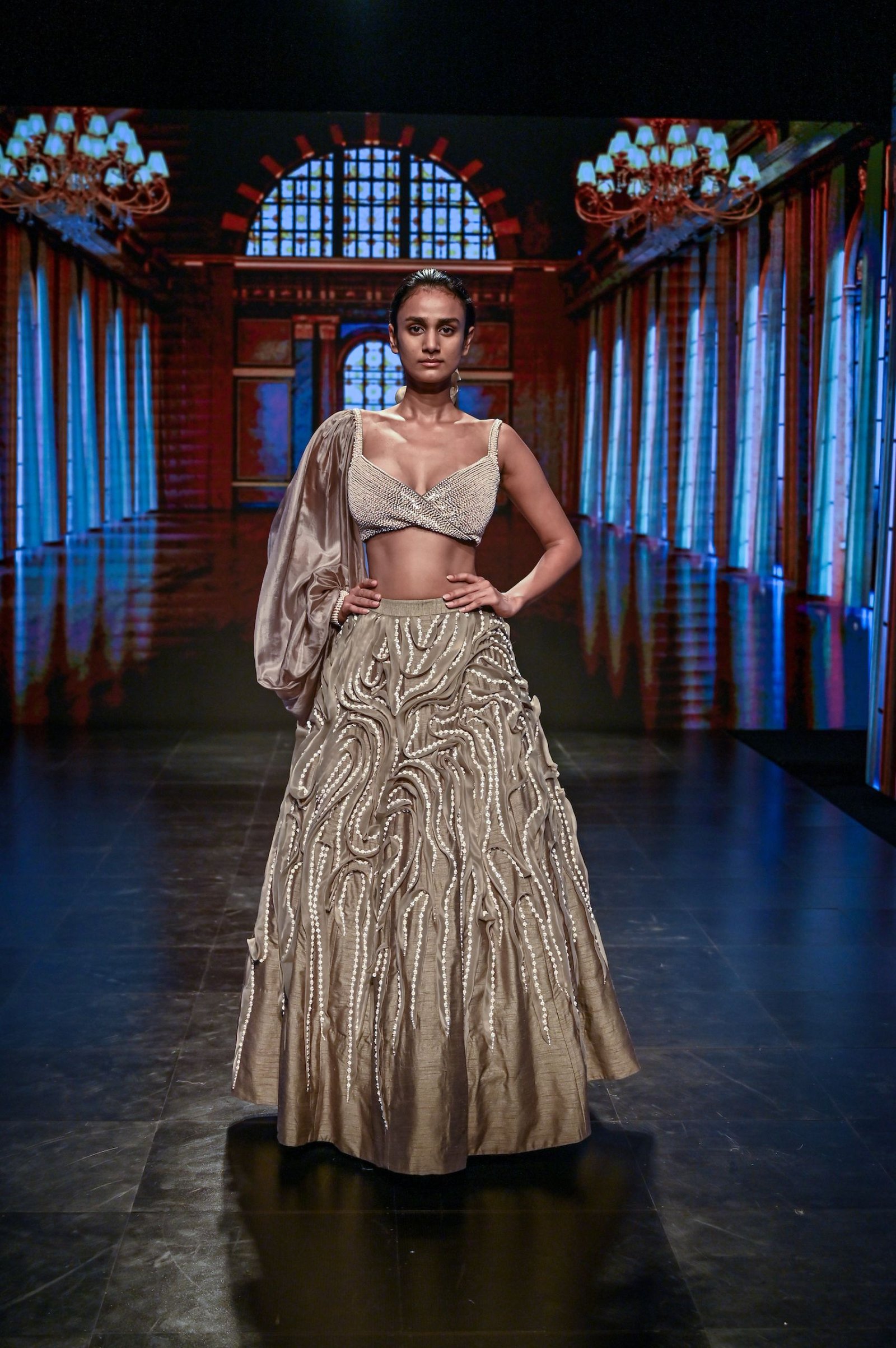 Chikoo Ruffle Embroidered Lehenga With One Side Puff Sleeve