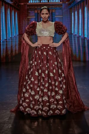 Wine Floor Length Drape With Ruffle Sleeve Blouse Lehenga
