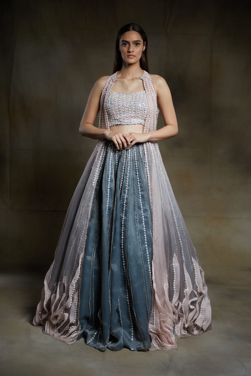 Grey Embroidered Blouse With A Baby Pink Ruffled Jacket Lehenga