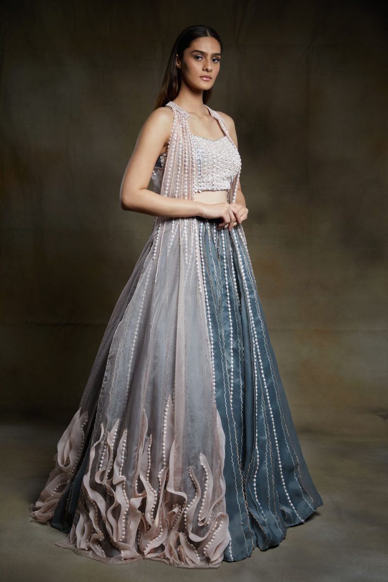 Grey Embroidered Blouse With A Baby Pink Ruffled Jacket Lehenga - Image 4