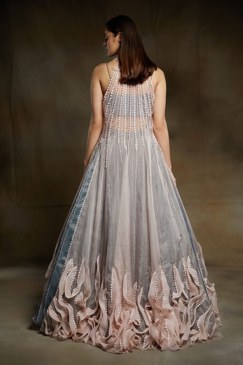 Grey Embroidered Blouse With A Baby Pink Ruffled Jacket Lehenga - Image 3