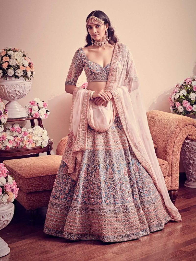 Avant Garde Blue Hued Hand Embroidered Lehenga Set