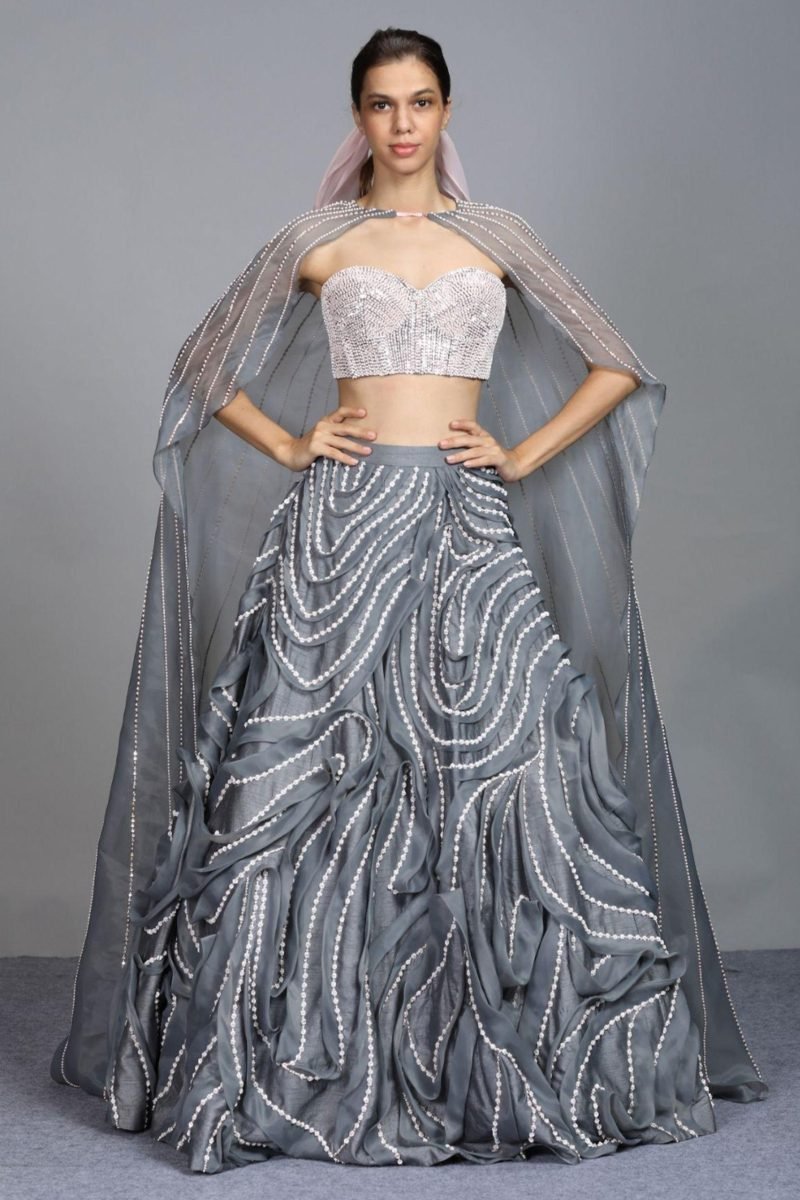 Grey Ruffle Lehenga And Cape Set
