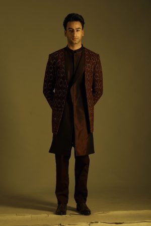 Indowestern Wine Cut Sleeve Pleated Kurta with jacket