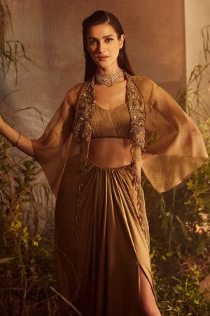 Gold Organza Cape And Skirt Set