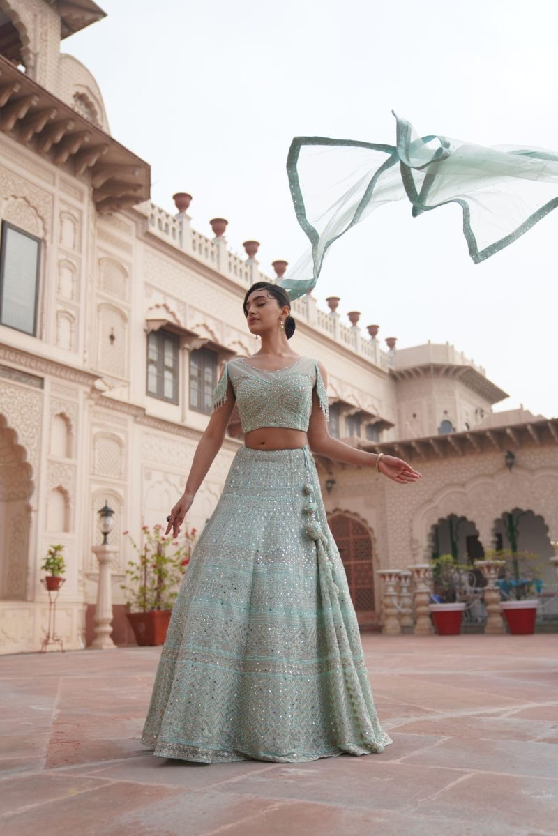 Blue Organza Mirror Work Lehenga Set - Image 2