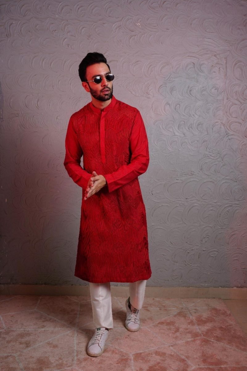 Red Silk Pintuck Kurta Set