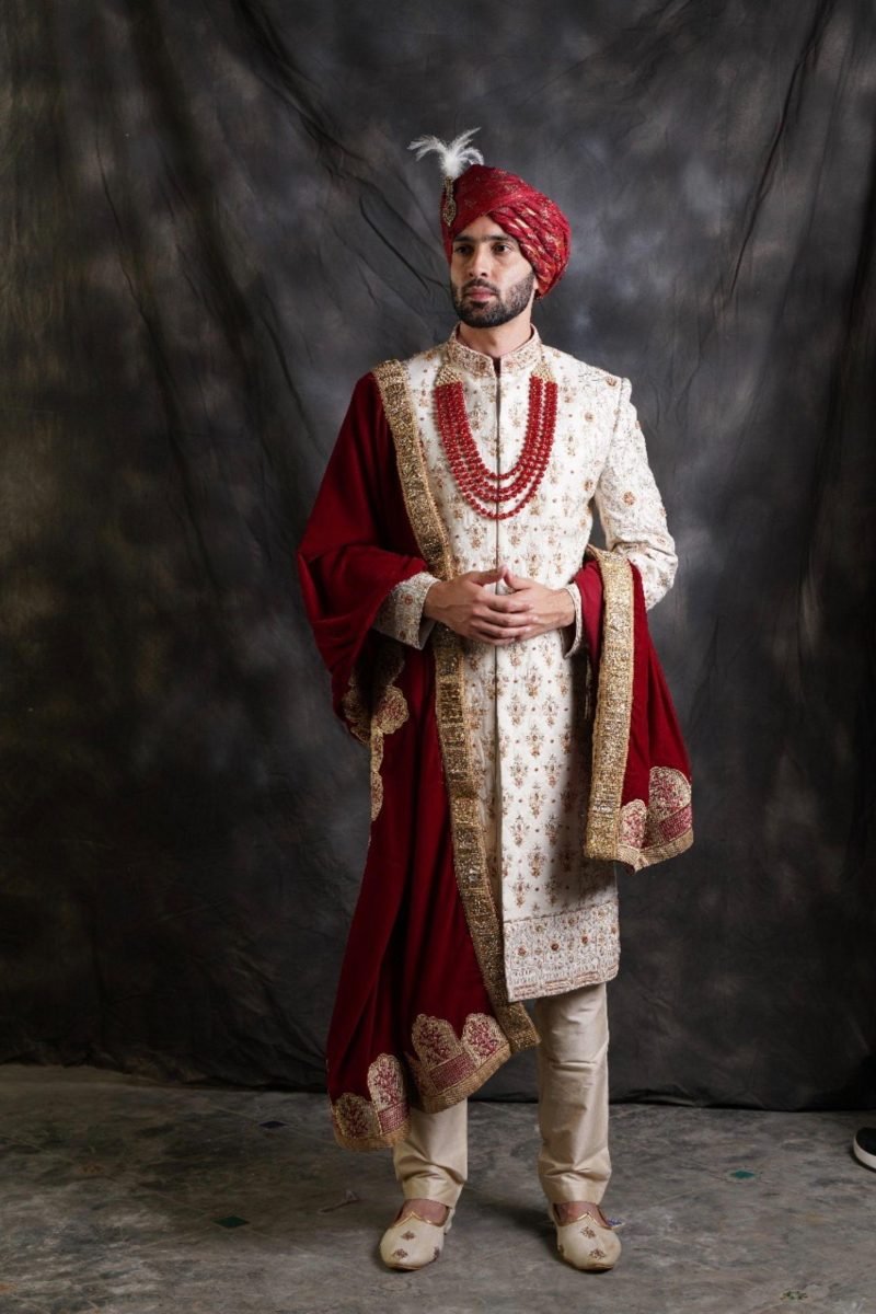 White Raw Silk Embroidered Sherwani Set