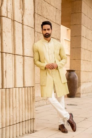 Yellow Silk Jacket And Kurta Set