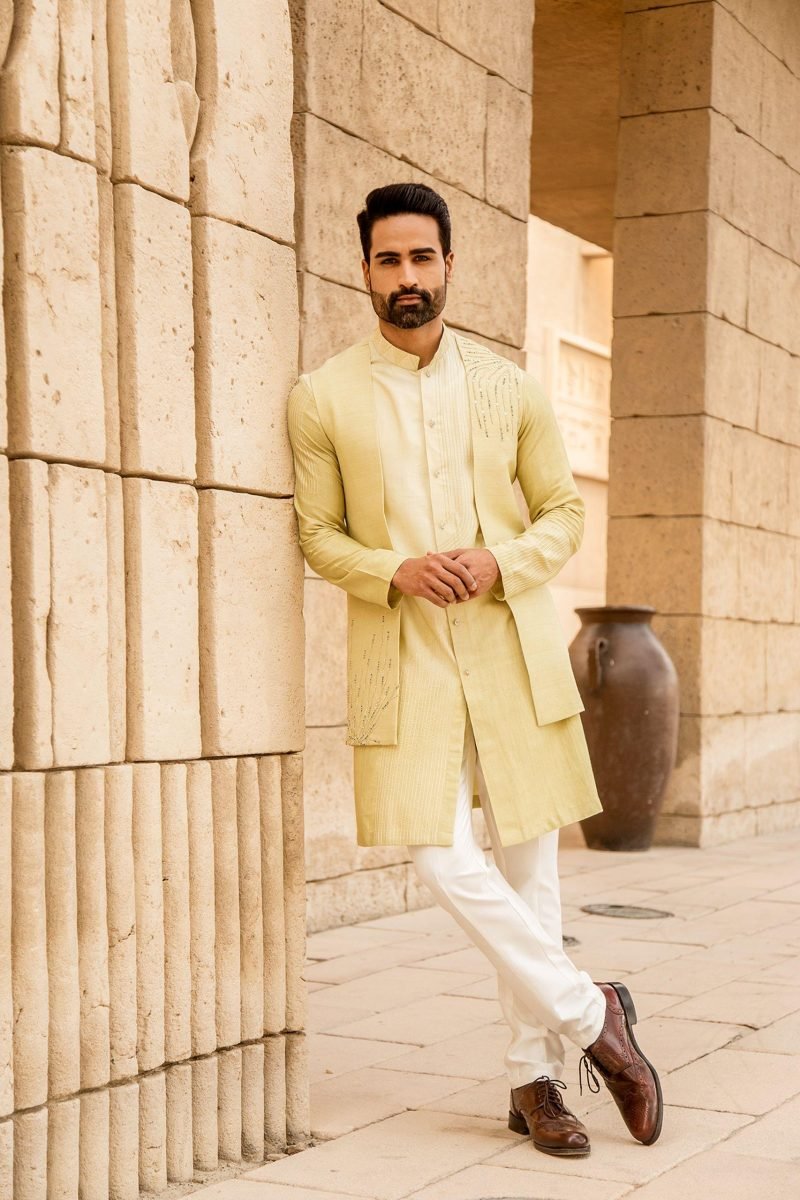 Yellow Silk Jacket And Kurta Set