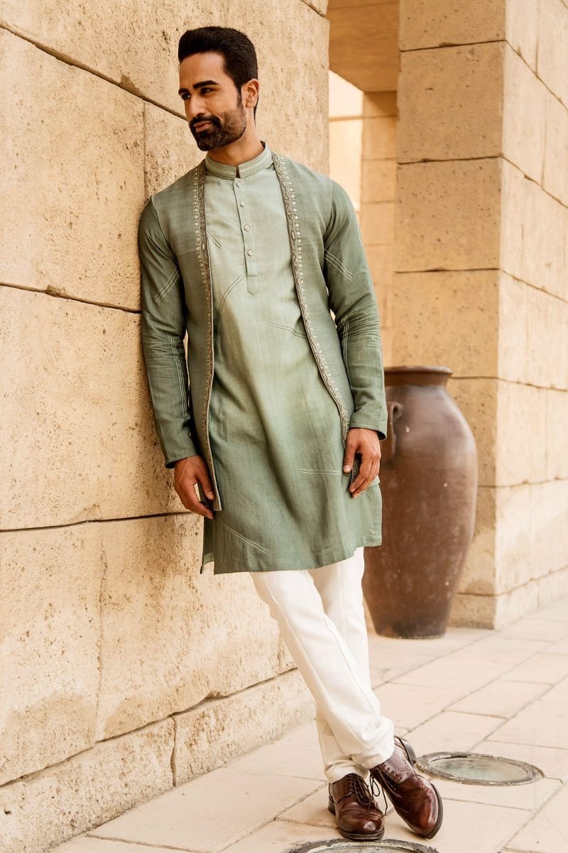Green Silk Jacket And Kurta Set - Image 2