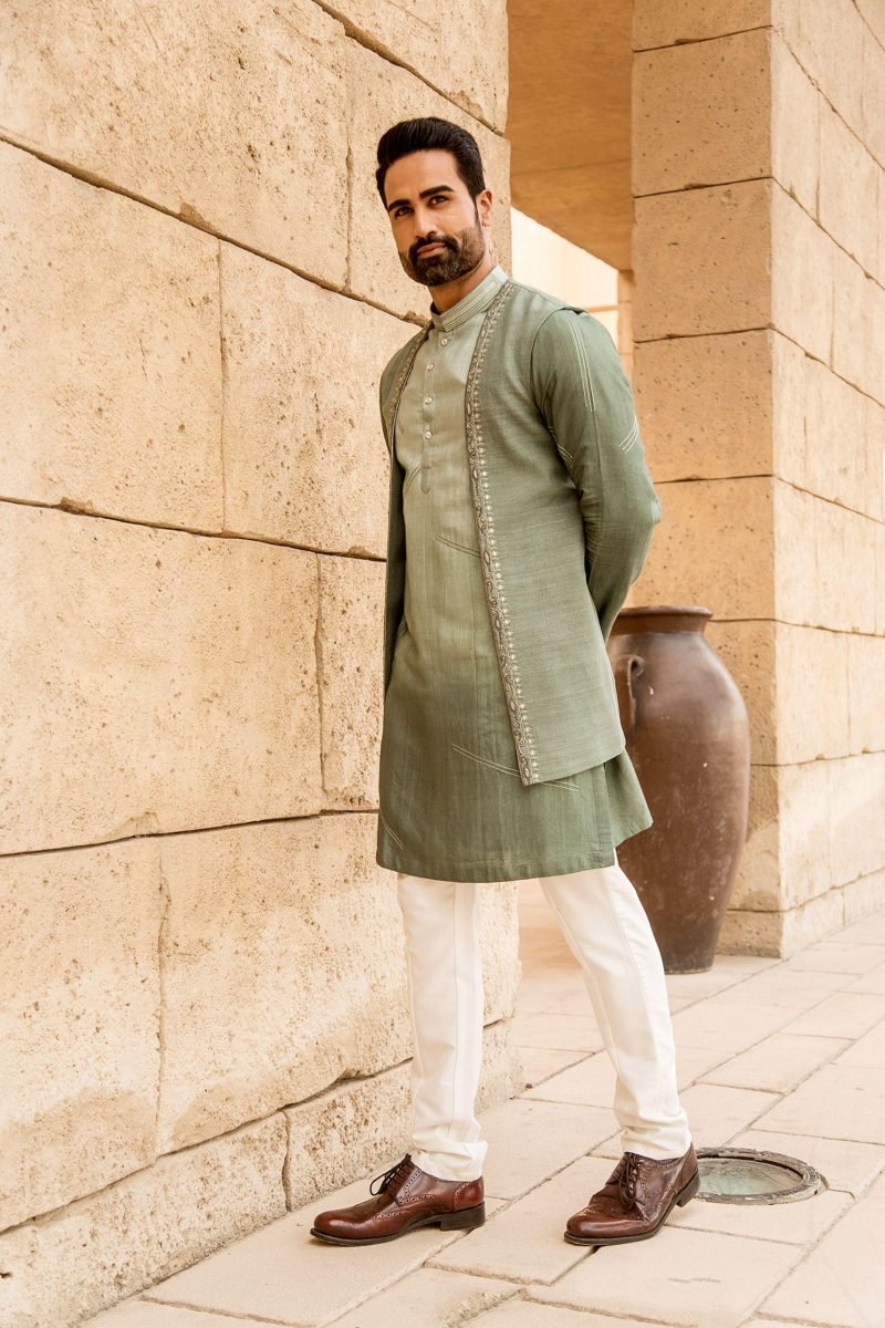 Green Silk Jacket And Kurta Set - Image 3