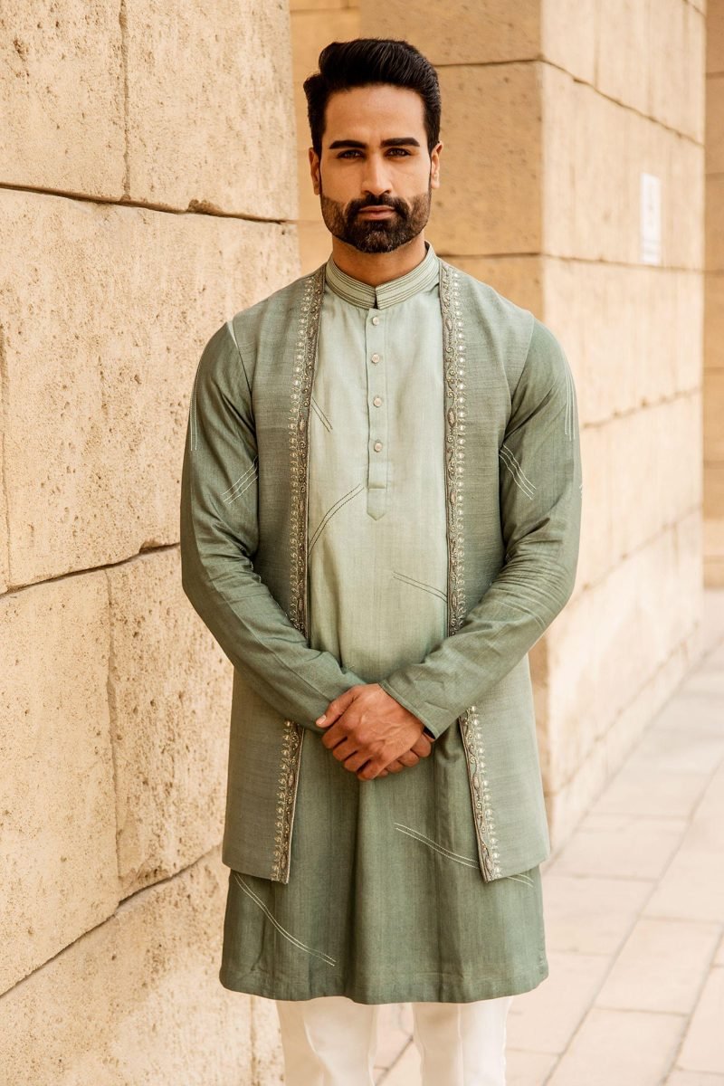 Green Silk Jacket And Kurta Set