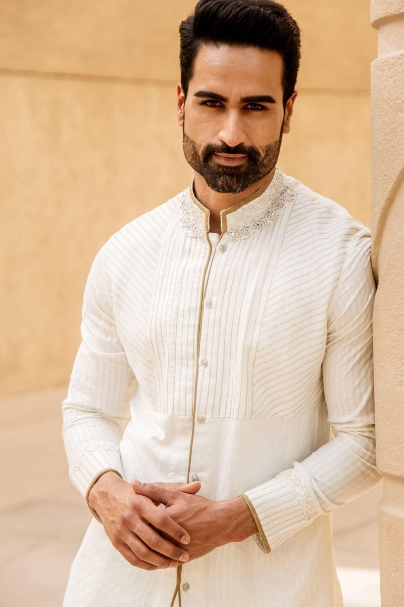 White Silk Kurta And Salwar Set - Image 2