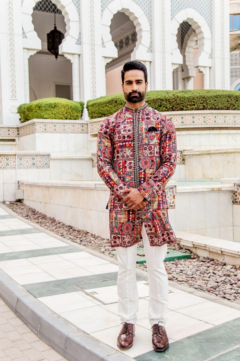 Multi Color Silk Embroidered Bundi And Kurta Set