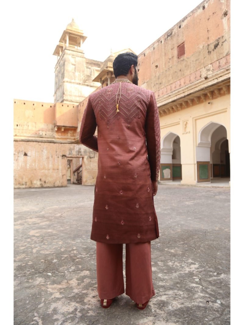Coral Pink Silk Embroidered Wedding Sherwani Set - Image 4