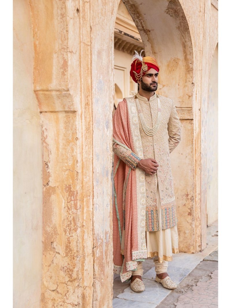 Ivory Flared Anarkali Style Wedding Sherwani Set