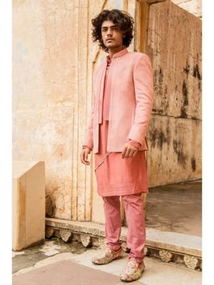 Pink Suede Front Open Bandhgala And Kurta Set