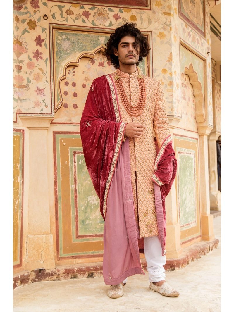 Peach Silk Embroidered Sherwani Set