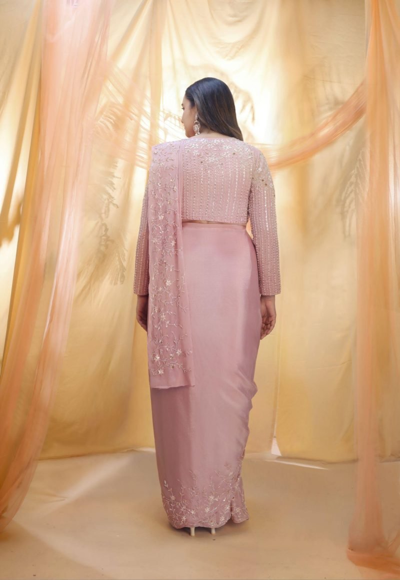 Rose Gold Crepe Embroidered Saree With Blouse - Image 2