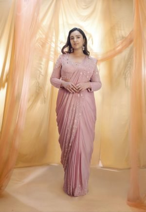 Rose Gold Crepe Embroidered Saree With Blouse