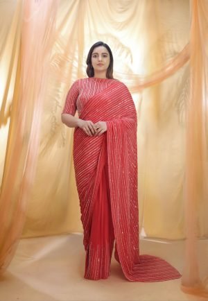 Red Hand Embroidered Saree Set