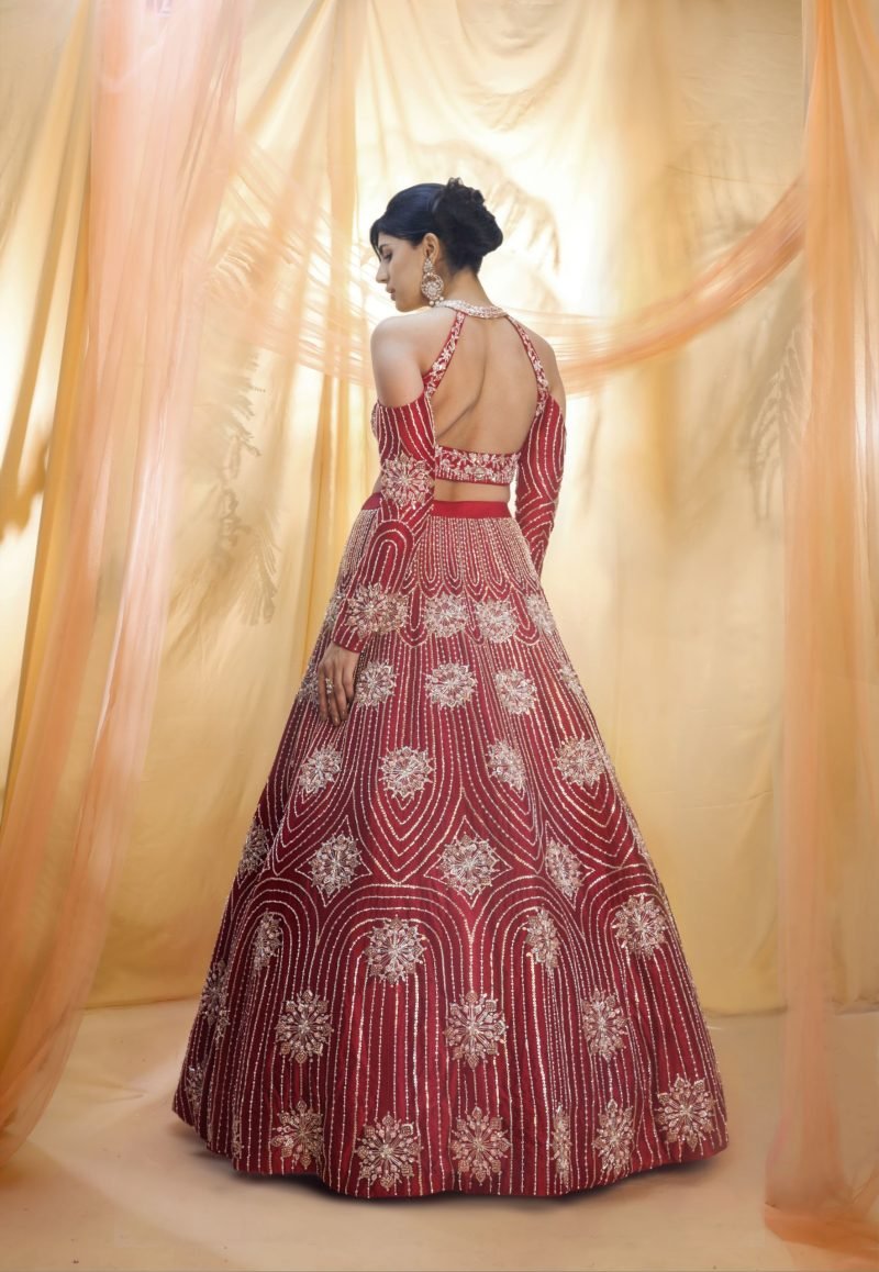 Wine Embroidered Lehenga With Collar Blouse - Image 2