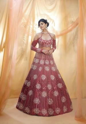 Wine Embroidered Lehenga With Collar Blouse