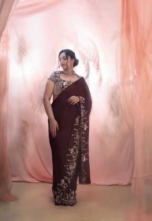 Wine Hand Embroidered Sangeet Saree