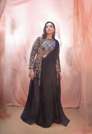 Navy Blue Draped Saree Sangeet Set
