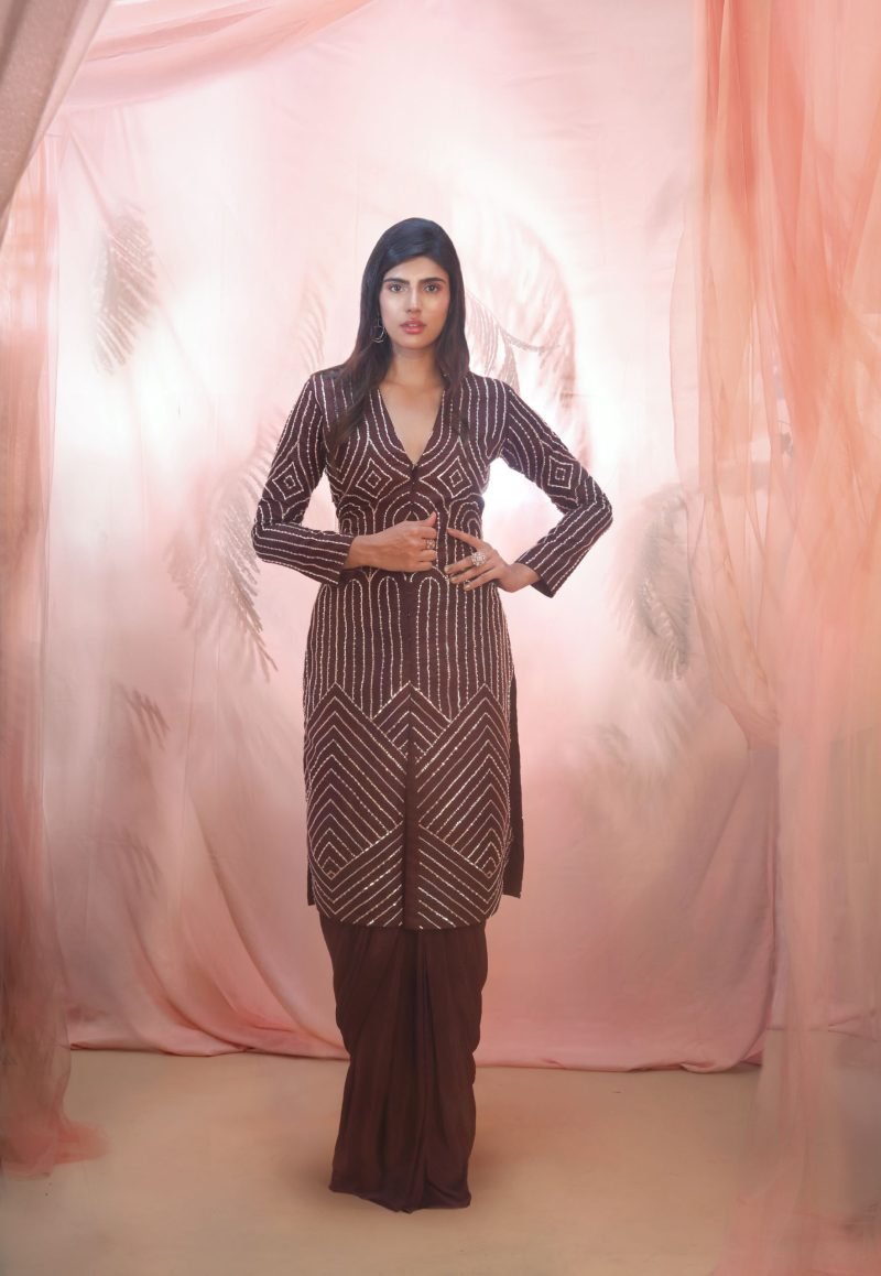 Wine Hand Embroidered Jacket Set