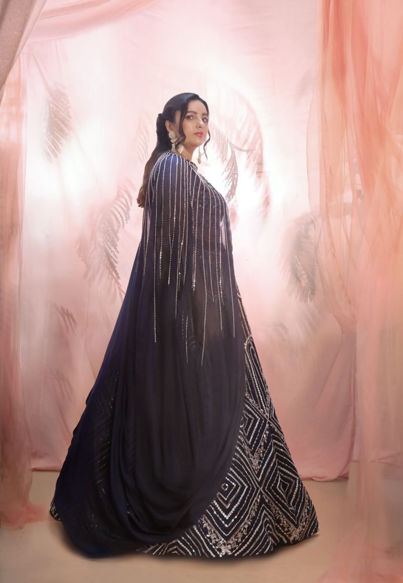 Navy Blue Geometric Hand Embroidered Lehenga Set - Image 3